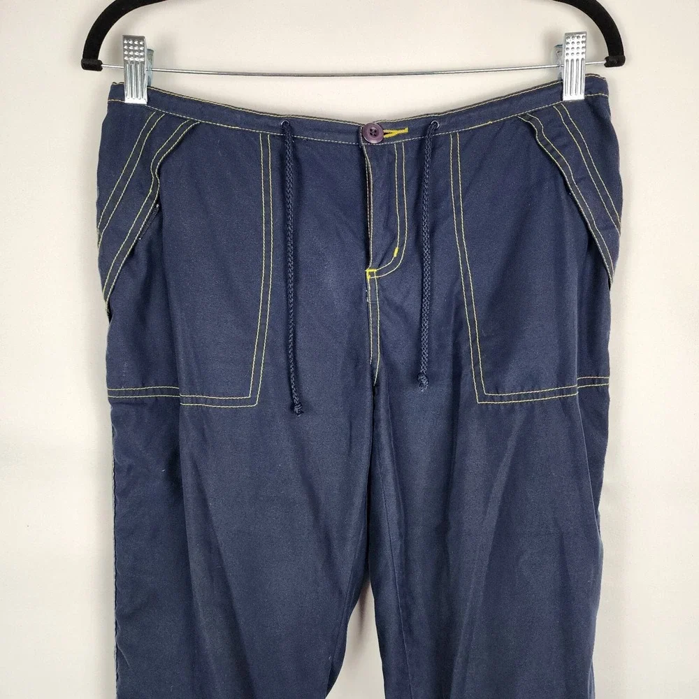 Vintage Navy Cargo Pants Yellow Contrast Stitch Mesh Zip Hem Wide Leg Streetwear